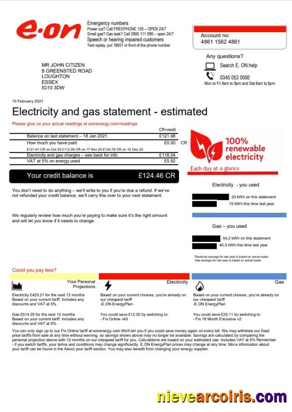 United Kingdom EON utility bill version 3-2